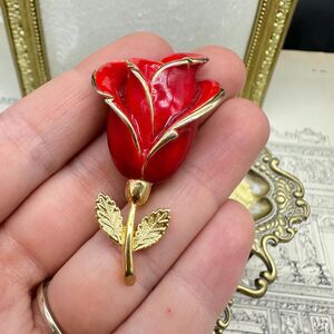 Vintage Rose Brooch Vintage Jewelry Enamel Red Rose with Gold Tone Romantic Pin